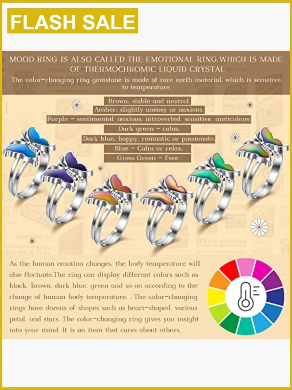 30 Pack Adjustable Mood Rings Butterfly Color Changing Rings for Kids Party